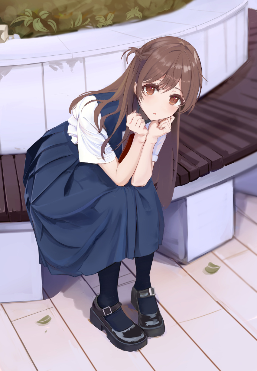 1girl absurdres bangs black_footwear black_legwear blush brown_eyes brown_hair highres long_hair looking_at_viewer original parted_lips school_uniform setsunelhr shoes short_hair sitting