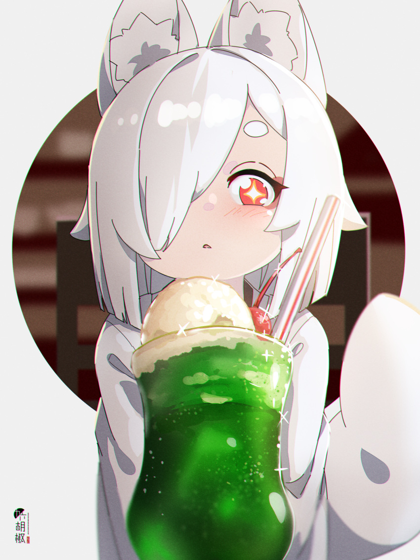 +_+ 1girl animal_ear_fluff animal_ears bangs blush cherry commentary_request cup drinking_glass drinking_straw food fox_ears fox_girl fox_tail fruit hair_over_one_eye highres ice_cream kuro_kosyou original parted_lips red_eyes short_eyebrows solo sparkle tail thick_eyebrows white_hair