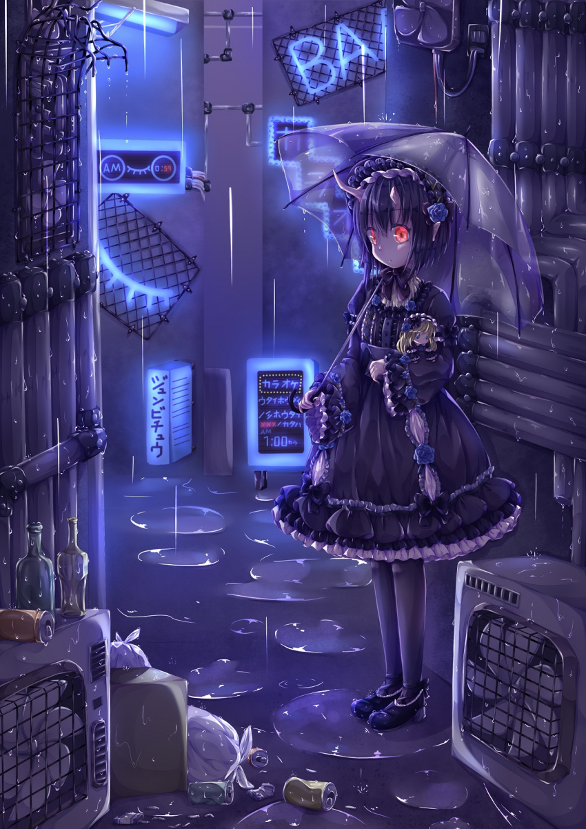 1girl alley black_dress black_footwear black_hair black_legwear bottle box can cardboard_box doll dress fan flower frilled_dress frilled_hairband frills gothic_lolita hair_flower hair_ornament hairband hamkuti highres holding holding_doll horns lolita_fashion neon_lights oni oni_horns original pipe puddle rain red_eyes short_hair soda_can transparent transparent_umbrella trash_bag umbrella water_drop