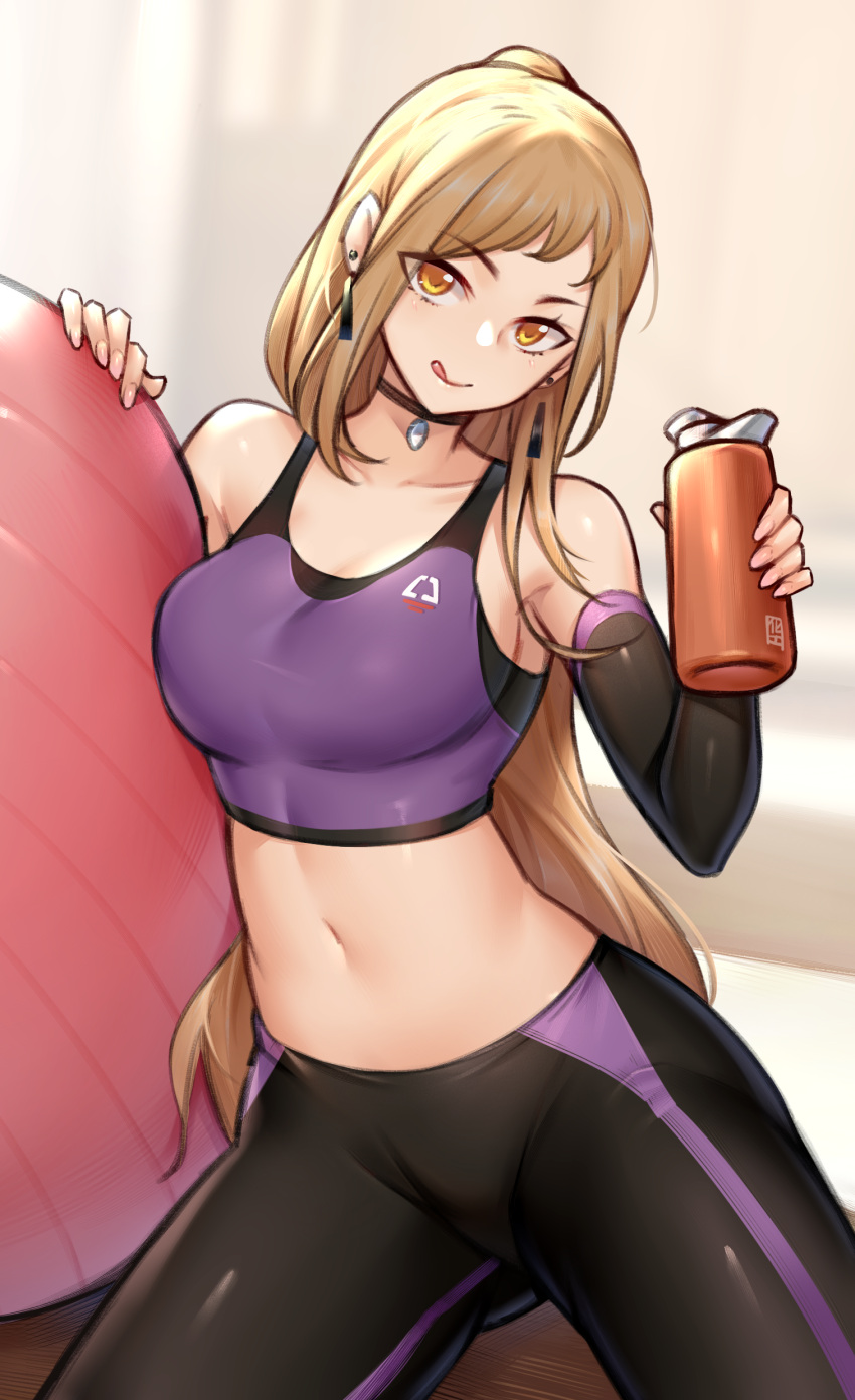 1girl :q absurdres ball bangs black_choker black_pants blonde_hair bottle breasts choker collarbone commentary_request detached_sleeves earrings exercise_ball eyebrows_visible_through_hair fingernails highres holding holding_bottle hua-j jewelry large_breasts long_hair long_sleeves looking_at_viewer midriff navel original pants purple_tank_top solo tank_top tongue tongue_out track_pants very_long_hair yellow_eyes