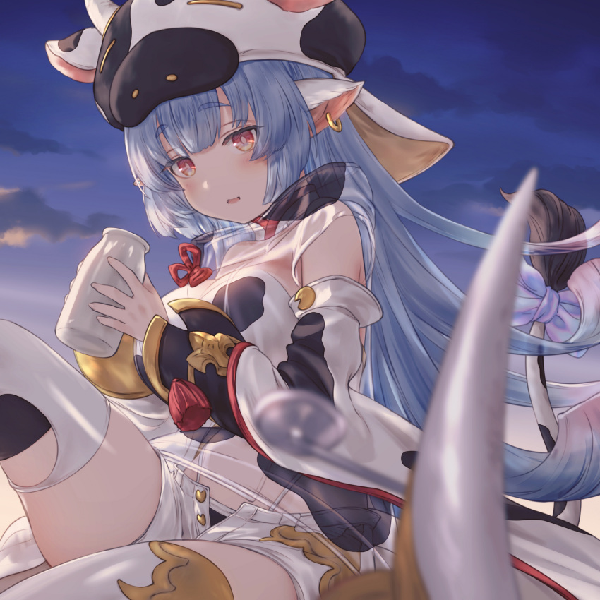 1girl animal_print blue_hair bottle bow breasts cow_hat cow_print cow_tail detached_sleeves draph granblue_fantasy highres large_breasts long_hair milk_bottle shatola_(granblue_fantasy) short_shorts shorts tail tail_bow tail_ornament thigh-highs tukune