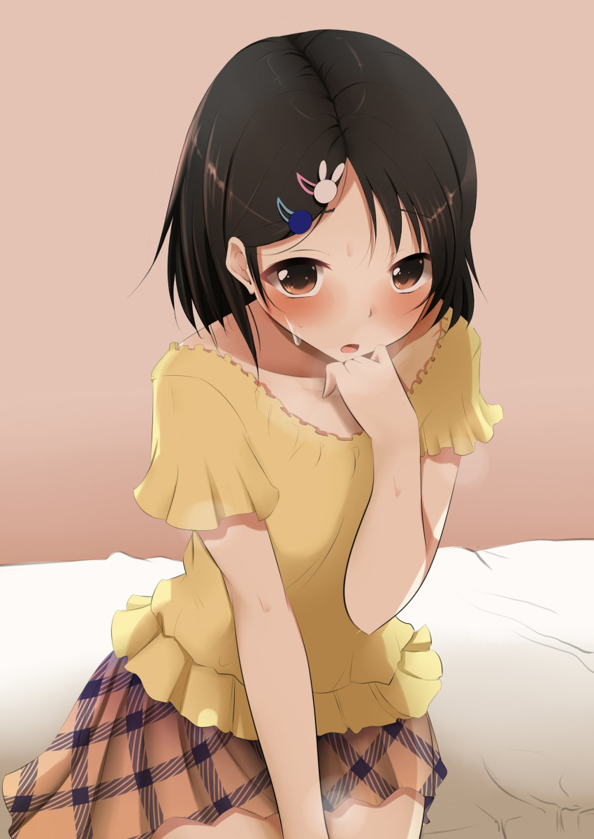 1girl :o bed_sheet black_hair blush breath bunny_hair_ornament cowboy_shot frilled_shirt frills hair_ornament hairclip hand_on_own_thigh hand_to_own_mouth highres idolmaster idolmaster_cinderella_girls looking_at_viewer looking_up nokifinal plaid plaid_skirt pleated_sleeves sasaki_chie see-through_silhouette shirt short_hair short_sleeves sitting skirt solo sweat sweatdrop thighs