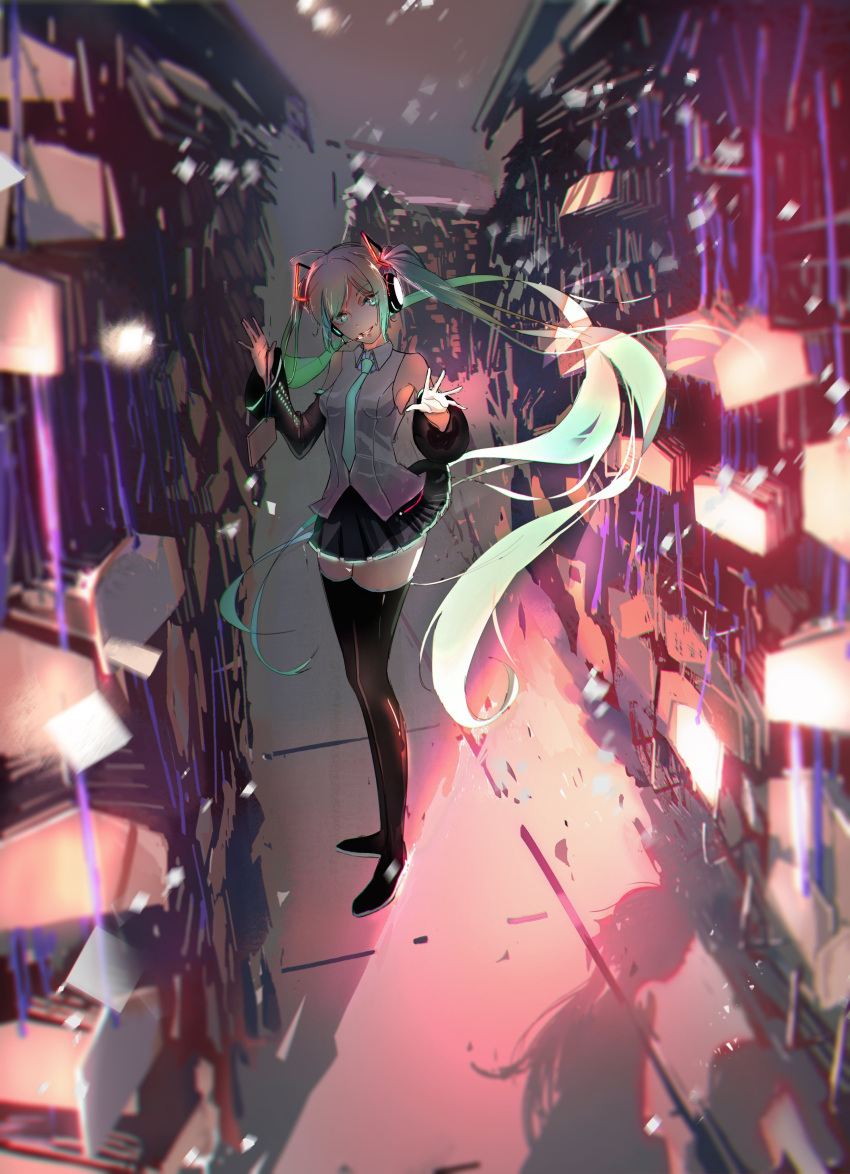1girl absurdres bangs black_footwear black_skirt black_sleeves blue_eyes blue_hair boots breasts bwh detached_sleeves floating_hair glowing glowing_eyes grey_shirt hatsune_miku head_tilt headset highres long_hair looking_at_viewer open_hands open_mouth shirt skirt sleeveless sleeveless_shirt small_breasts smile solo thigh-highs thigh_boots twintails very_long_hair vocaloid waving