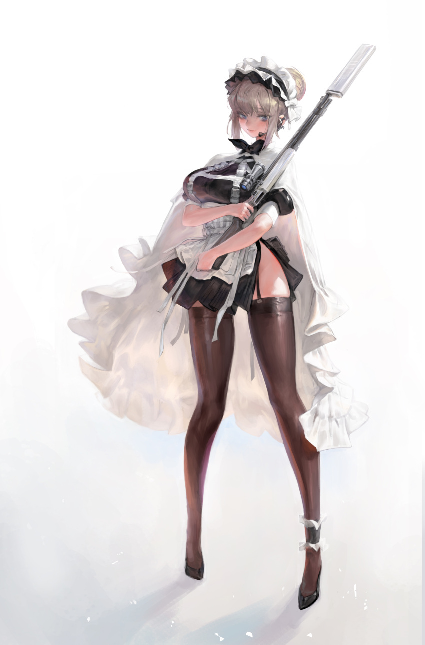 1girl absurdres agoto cloak full_body garter_straps gun highres looking_at_viewer maid miniskirt original skirt thigh-highs weapon white_cloak