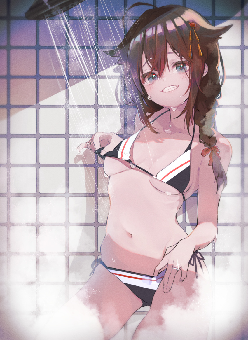 1girl adapted_costume ahoge bikini black_bikini black_hair blue_eyes braid breasts commentary_request cowboy_shot hair_flaps hair_ornament hair_over_shoulder highres jewelry kantai_collection looking_at_viewer remodel_(kantai_collection) ring ruohire9 shigure_(kancolle) shower_(place) side-tie_bikini single_braid small_breasts solo swimsuit tile_wall tiles wedding_band