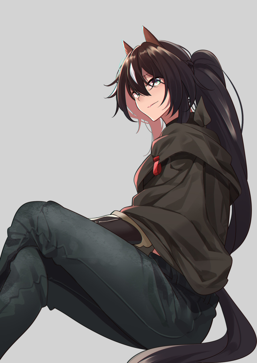 1girl animal_ears arknights bangs black_hair commentary_request crossed_legs feet_out_of_frame grey_background grey_pants hair_between_eyes highres long_hair looking_at_viewer meteor_(arknights) pants shijie_jianfa simple_background sitting solo tail