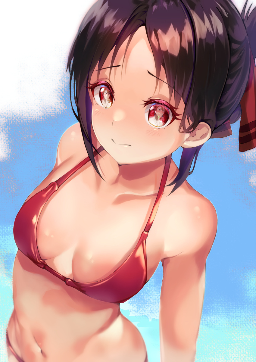 1boy 1girl :&gt; aa_(16rrr16) absurdres bangs bikini black_hair blush breasts breasts_apart collarbone eye_reflection from_above hair_ribbon highres kaguya-sama_wa_kokurasetai_~tensai-tachi_no_renai_zunousen~ navel parted_bangs red_bikini red_eyes red_ribbon reflection ribbon shinomiya_kaguya shirogane_miyuki short_hair small_breasts swimsuit upper_body