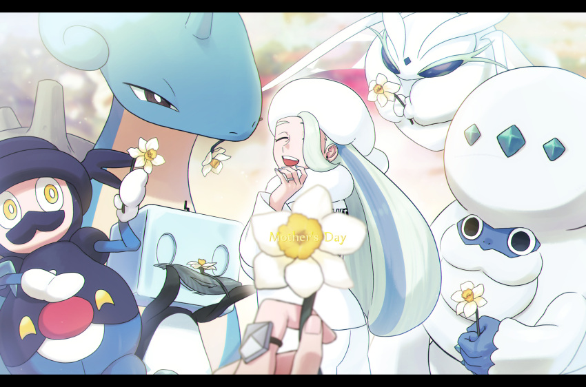 1girl closed_eyes commentary eiscue eiscue_(ice) flower frosmoth fur_hat galarian_darmanitan galarian_form gen_1_pokemon gen_8_pokemon gym_leader hand_up hat heyasamu highres holding jewelry lapras letterboxed long_hair long_sleeves mature_female melony_(pokemon) mother's_day mr._rime multicolored_hair open_mouth pokemon pokemon_(creature) pokemon_(game) pokemon_swsh ring scarf shorts smile streaked_hair teeth white_flower white_headwear white_scarf |d
