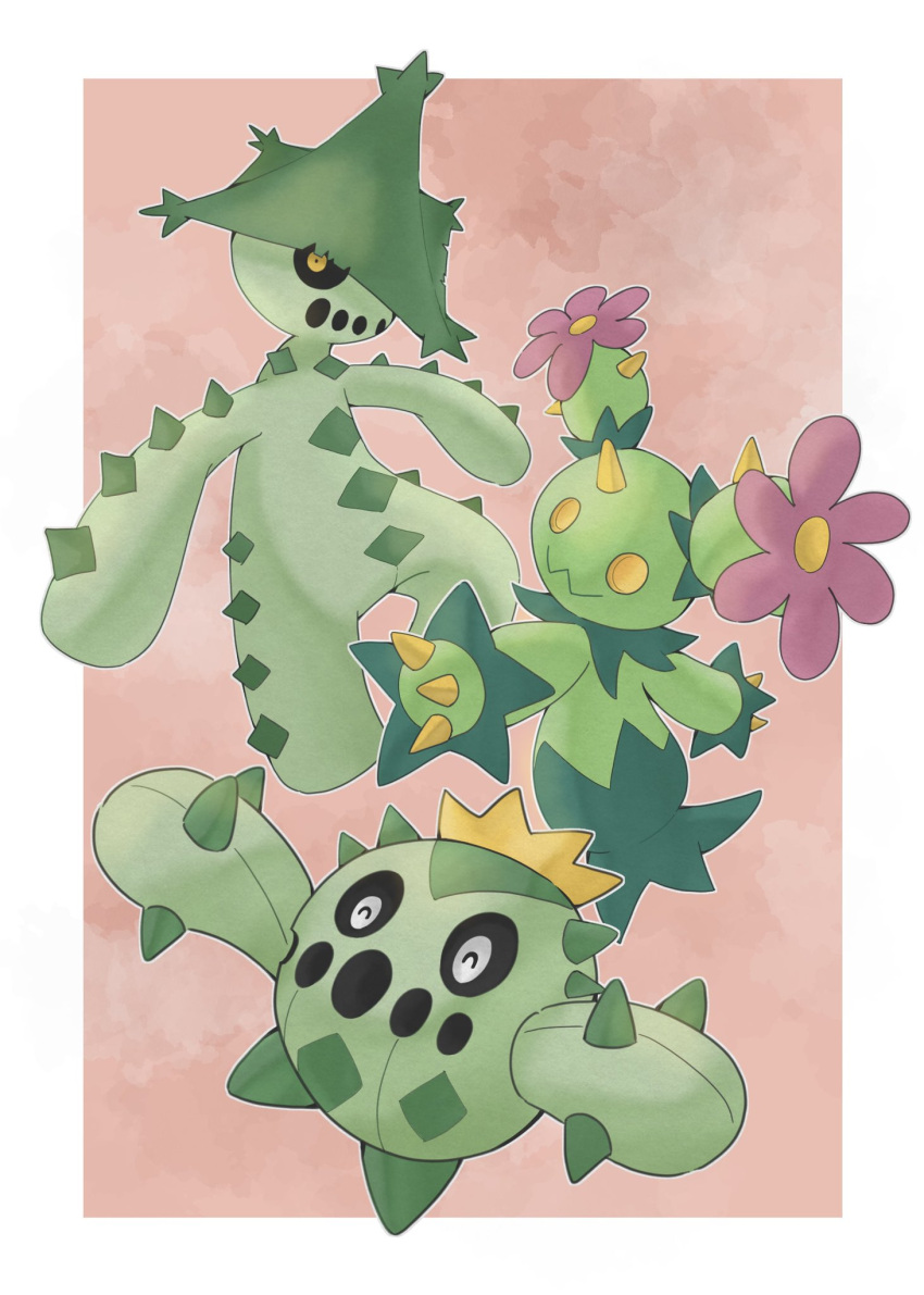 :3 black_sclera border cacnea cacturne cactus claws closed_eyes closed_mouth colored_sclera commentary_request flower gen_3_pokemon gen_5_pokemon happy highres looking_at_viewer maractus niiichi_21pk no_humans outside_border pokemon pokemon_(creature) purple_flower smile white_border yellow_eyes