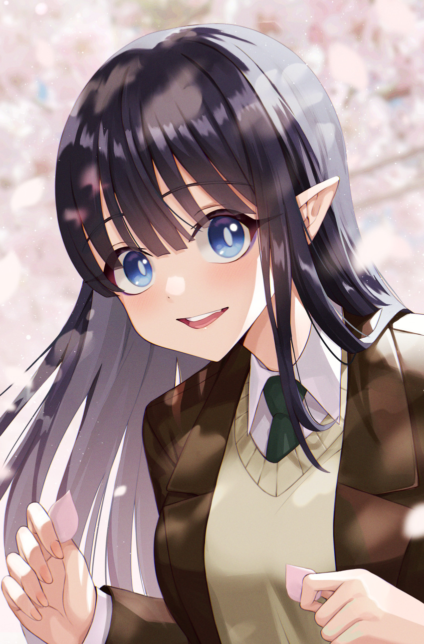1girl absurdres bangs black_hair blue_eyes blush brown_jacket brown_vest cherry_blossoms collared_shirt eyebrows_visible_through_hair green_neckwear hands_up highres holding holding_petal huge_filesize jacket kim_nag-seo long_hair long_sleeves looking_at_viewer necktie open_mouth original petals pointy_ears shiny shiny_hair shirt smile solo uniform upper_teeth vest