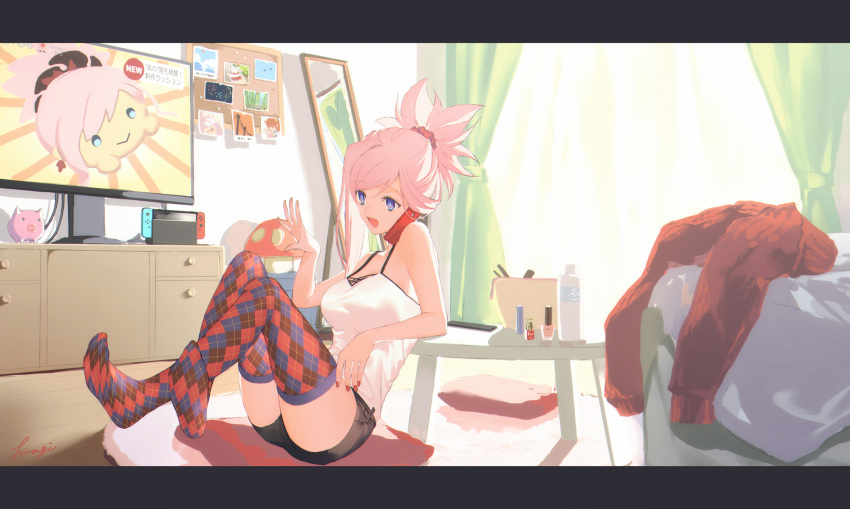 1girl blue_eyes bottle cellphone contemporary fate/grand_order fate_(series) highres kibou letterboxed miyamoto_musashi_(fate) nail_polish nail_polish_bottle nintendo_switch phone piggy_bank pink_hair plaid plaid_legwear shorts signature smartphone table television thigh-highs water_bottle