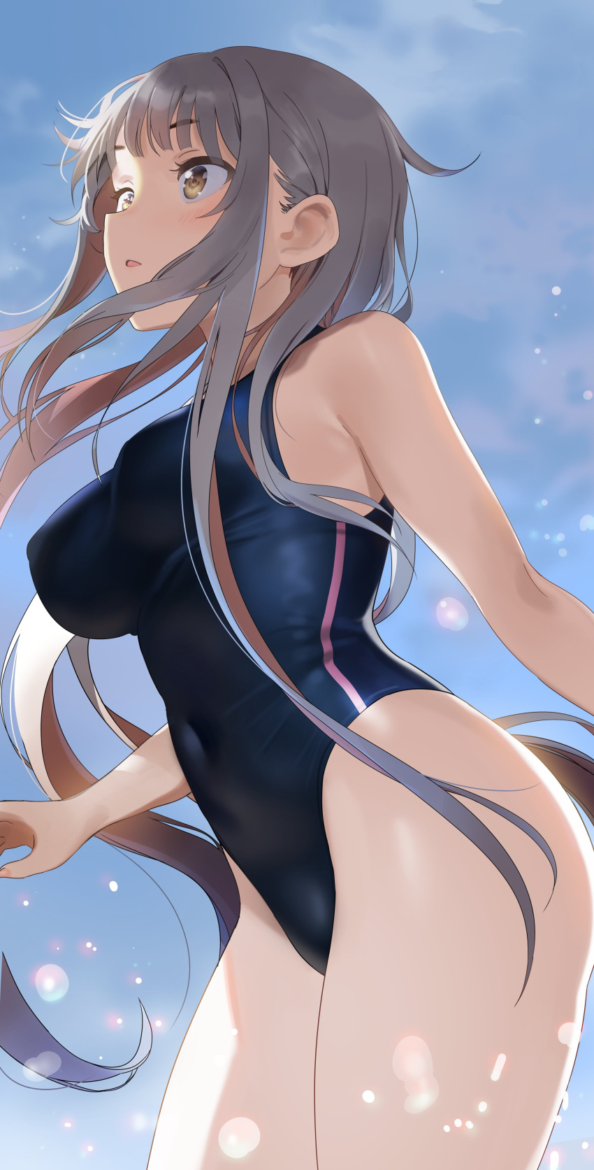 1girl absurdres armpit_crease bare_arms bare_shoulders black_swimsuit breasts contrapposto covered_navel covered_nipples cowboy_shot floating_hair grey_hair highleg highleg_swimsuit highres impossible_clothes impossible_swimsuit large_breasts long_hair looking_away one-piece_swimsuit orange_eyes original outdoors parted_lips seicoh sidelocks solo standing swimsuit thighs very_long_hair wide-eyed