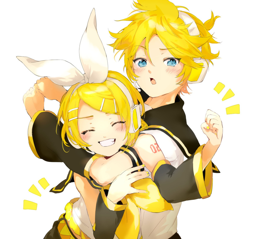 1boy 1girl ^^^ arm_around_neck arm_warmers bangs bare_shoulders belt black_collar blonde_hair blue_eyes bow clenched_hand closed_eyes collar commentary grin hair_bow hair_ornament hairclip headphones highres kagamine_len kagamine_rin leaning_forward nail_polish neckerchief open_mouth oyamada_gamata raised_eyebrow sailor_collar school_uniform shirt short_hair short_ponytail short_sleeves shoulder_tattoo sleeveless sleeveless_shirt smile spiky_hair swept_bangs tattoo upper_body vocaloid white_background white_bow white_shirt yellow_nails yellow_neckwear