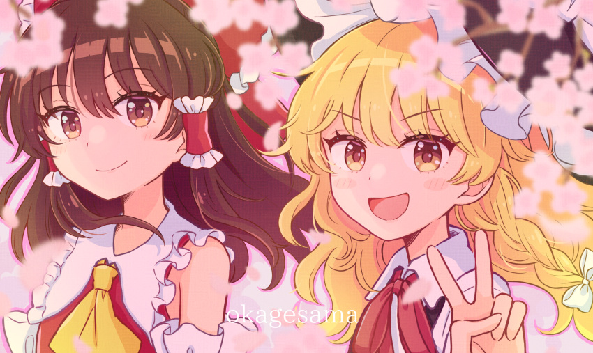 2girls :d ascot bangs bare_shoulders black_headwear black_vest blonde_hair blush bow braid brown_eyes brown_hair closed_mouth commentary_request detached_sleeves eyebrows_visible_through_hair frilled_bow frilled_hair_tubes frilled_shirt_collar frills hair_bow hair_tubes hakurei_reimu hand_up haruki_reimari hat highres kirisame_marisa long_hair looking_at_viewer multiple_girls open_mouth red_bow red_neckwear red_vest side_braid single_braid smile touhou v v-shaped_eyebrows vest witch_hat yellow_eyes yellow_neckwear