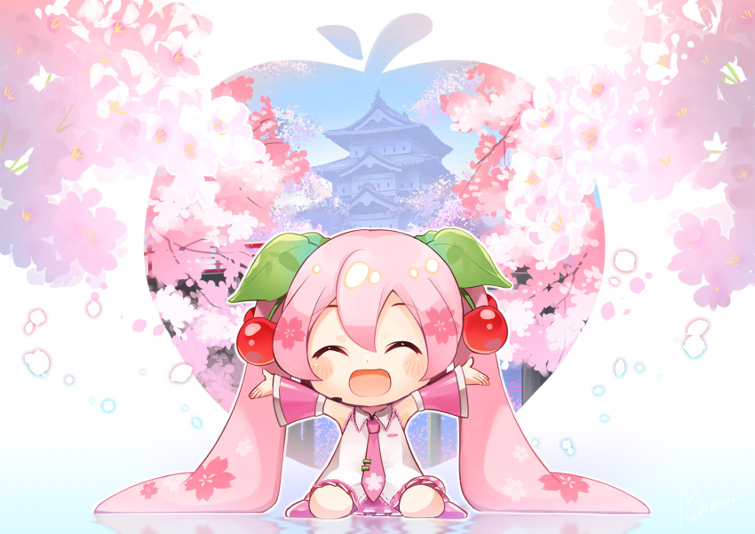 1girl ^_^ blush_stickers cherry cherry_blossom_print cherry_blossoms cherry_hair_ornament chibi closed_eyes commentary detached_sleeves double_exposure facing_viewer falling_petals floral_print flower food food_themed_hair_ornament fruit hair_ornament hatsune_miku highres long_hair mamo_(fortune-mm) miniskirt open_mouth outstretched_arms petals pink_flower pink_hair pink_neckwear pink_skirt pink_sleeves sakura_miku seiza shirt sitting skirt sleeveless sleeveless_shirt smile solo twintails very_long_hair vocaloid white_shirt
