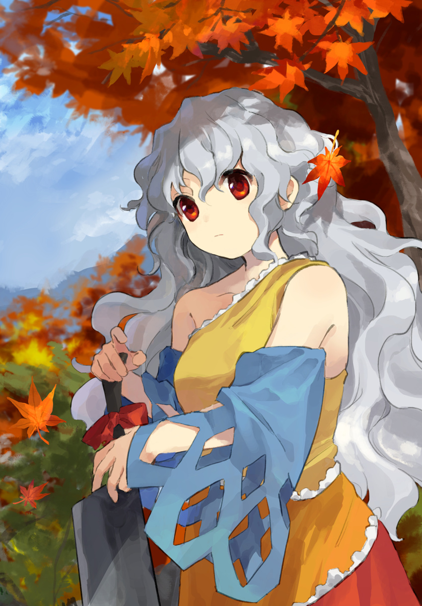 1girl autumn_leaves bangs blue_sleeves bow breasts clothing_cutout cowboy_shot day detached_sleeves dress expressionless grey_hair hatchet highres holding holding_weapon kaigen_1025 leaf long_hair looking_at_viewer multicolored multicolored_clothes multicolored_dress oriental_hatchet outdoors red_bow red_eyes sakata_nemuno single_strap solo standing touhou tree very_long_hair wavy_hair weapon