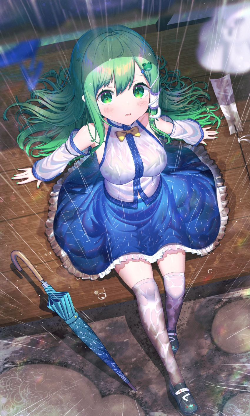 1girl bangs bare_shoulders blue_skirt blurry blurry_background blurry_foreground blush bow breasts depth_of_field detached_sleeves eyebrows_visible_through_hair frog_hair_ornament from_above full_body gohei green_eyes green_hair hair_between_eyes hair_ornament hair_tubes highres kiramarukou kochiya_sanae large_breasts long_hair looking_at_viewer over-kneehighs parted_lips petticoat rain shirt sidelocks sitting skirt snake_hair_ornament solo thigh-highs touhou umbrella very_long_hair white_legwear white_shirt yellow_bow yellow_neckwear