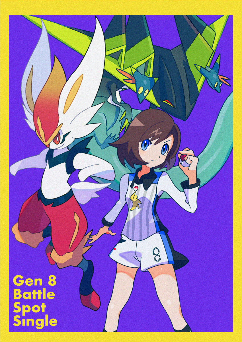 1girl absurdres alternate_color alternate_eye_color bangs black_legwear blue_eyes bob_cut border brown_hair cinderace claws closed_mouth collared_shirt commentary dragapult dreepy film_grain gen_8_pokemon gloria_(pokemon) gym_challenge_uniform half-closed_eyes hand_up highres holding holding_poke_ball huge_filesize looking_at_viewer number poke_ball poke_ball_(basic) pokemon pokemon_(creature) pokemon_(game) pokemon_swsh purple_background saiku_(zvlku) shiny_pokemon shirt short_hair shorts socks spread_fingers yellow_border