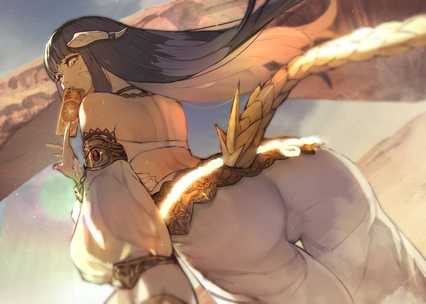 1girl ass au_ra back bangs bare_shoulders black_hair blunt_bangs commentary_request desert detached_sleeves final_fantasy final_fantasy_xiv hide_(hideout) horns long_hair parted_lips scales solo sweat tail yellow_eyes