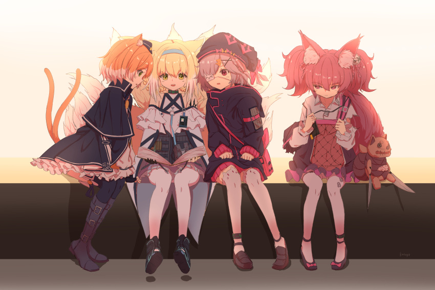 4girls absurdres animal_ear_legwear animal_ears arknights bangs black_capelet black_footwear black_gloves black_headwear black_jacket black_legwear black_skirt blonde_hair blue_hairband book boots brown_hair capelet cat_ears cat_girl cat_tail eyebrows_visible_through_hair eyepatch fingerless_gloves fox_ears fox_girl fox_tail frilled_skirt frills gloves green_eyes hair_between_eyes hair_ornament hairband hairclip highres holding holding_book jacket kitsune kotayo loafers medical_eyepatch mousse_(arknights) multicolored_hair multiple_girls multiple_tails open_book pantyhose pleated_skirt popukar_(arknights) profile red_eyes red_skirt shamare_(arknights) shirt shoe_soles shoes sitting skirt stuffed_animal stuffed_dog stuffed_toy suzuran_(arknights) tail tail_raised twintails two-tone_hair two_tails violet_eyes white_hair white_legwear white_shirt x_hair_ornament