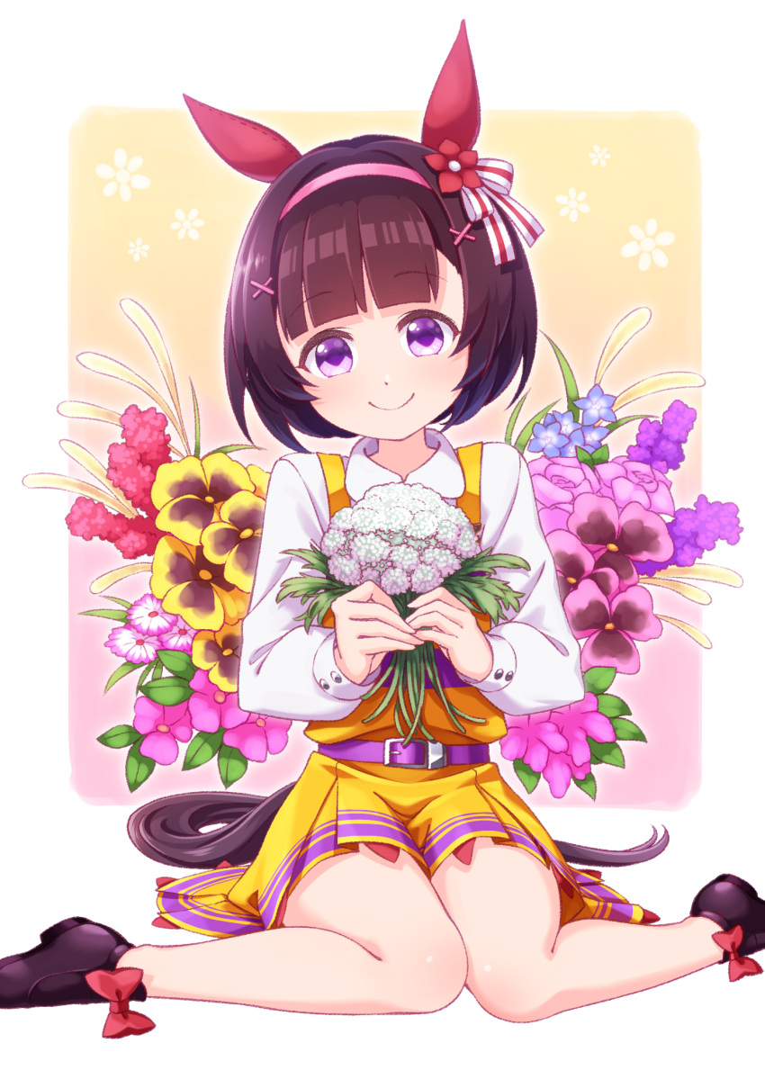 1girl animal_ears bangs black_footwear black_hair blue_flower bow closed_mouth collared_shirt commentary_request dress eyebrows_visible_through_hair floral_background flower hair_flower hair_ornament hairclip highres holding holding_flower horse_ears horse_girl horse_tail loafers long_sleeves looking_at_viewer nishino_flower_(umamusume) no_socks pink_flower pink_rose pleated_dress purple_flower red_bow rose sansei_rain shirt shoes short_hair sitting sleeveless sleeveless_dress smile solo tail umamusume wariza white_flower white_shirt x_hair_ornament yellow_dress yellow_flower