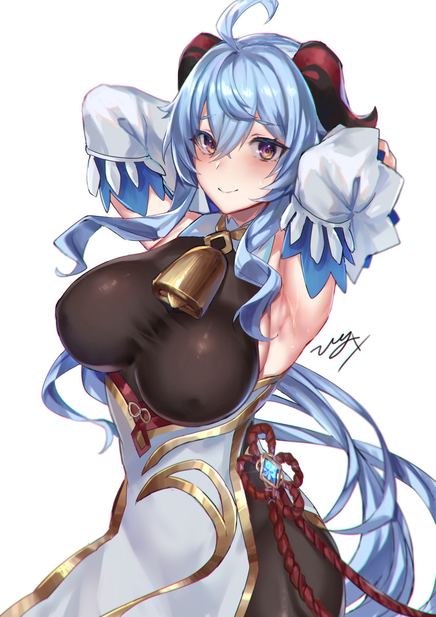 1girl absurdres ahoge armpits arms_behind_head arms_up bangs bare_shoulders bell blue_hair blush bodystocking breasts detached_sleeves dress ganyu_(genshin_impact) genshin_impact highres hitomin_(ksws7544) horns huge_filesize jewelry large_breasts long_hair looking_at_viewer pendant violet_eyes vision_(genshin_impact) white_dress