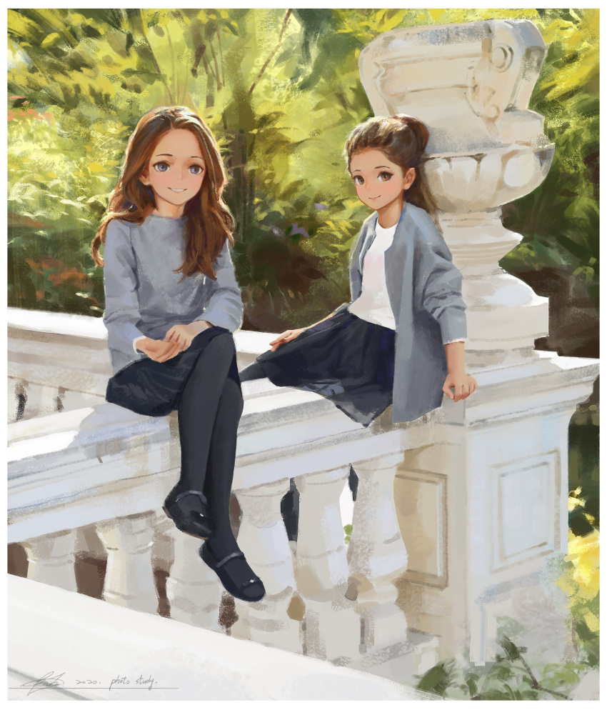 2girls absurdres bangs black_footwear black_skirt blue_eyes brown_eyes brown_hair bwh cardigan crossed_legs forehead grey_cardigan grey_sweater hands_together highres leggings multiple_girls original photo-referenced ponytail shirt sitting skirt smile sweater tied_hair white_shirt