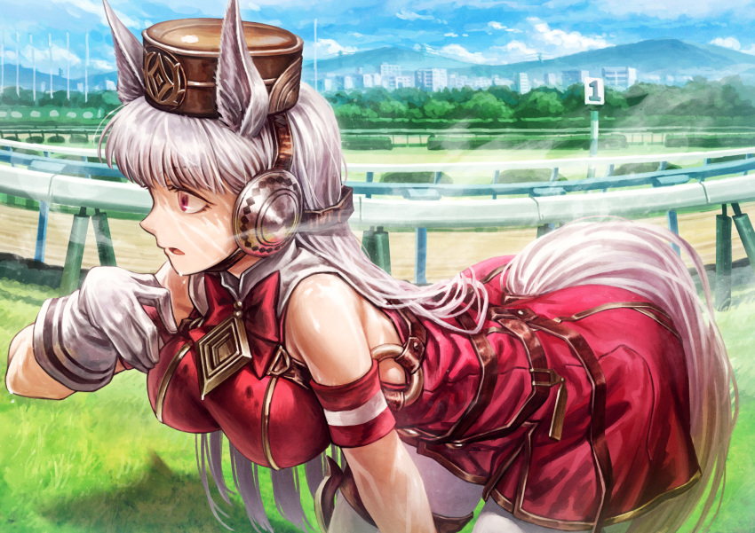 1girl animal_ears armband ear_covers gloves gold_ship_(umamusume) hat highres horse_ears horse_tail lain leaning_forward long_hair racetrack sweat tail umamusume white_gloves