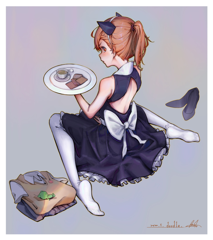 1girl absurdres animal_ears back_cutout black_dress black_footwear bow bwh clothing_cutout cup dress fake_animal_ears footwear_removed from_above from_behind hair_behind_ear highres holding holding_tray looking_back maid misaka_mikoto red_eyes school_uniform sitting soles solo sugar_cube tea teacup tied_hair toaru_kagaku_no_railgun toaru_majutsu_no_index tray wariza white_bow