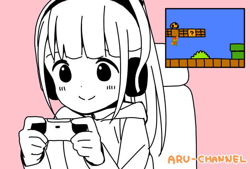 1-up_mushroom 1girl ?_block bangs blunt_bangs blush casual chair character_name closed_mouth commentary_request controller disconnected_mouth dot_nose english_text game_controller gamepad gaming_chair hands_up headphones highres hitoribocchi_no_marumaru_seikatsu holding holding_controller holding_game_controller honshou_aru hood hood_down hoodie katsuwo_(cr66g) long_hair long_sleeves looking_down mario super_mario_bros. on_chair partially_colored pink_background playing_games sidelocks sitting smile solo super_mario_bros. upper_body warp_pipe