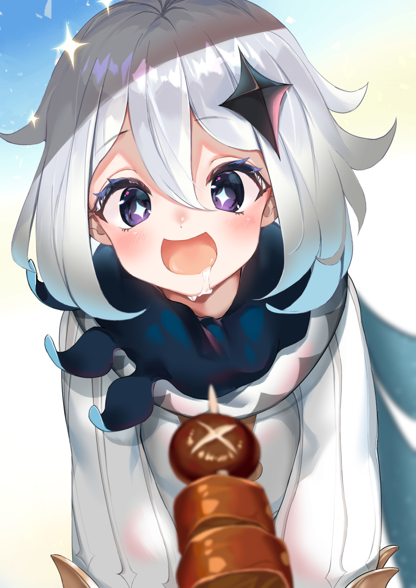 1girl absurdres artist_request black_scarf blue_eyes bodysuit drooling eyebrows_visible_through_hair food genshin_impact hair_ornament highres open_mouth paimon_(genshin_impact) saliva scarf short_hair silver_hair smile solo sparkle sparkling_eyes white_bodysuit