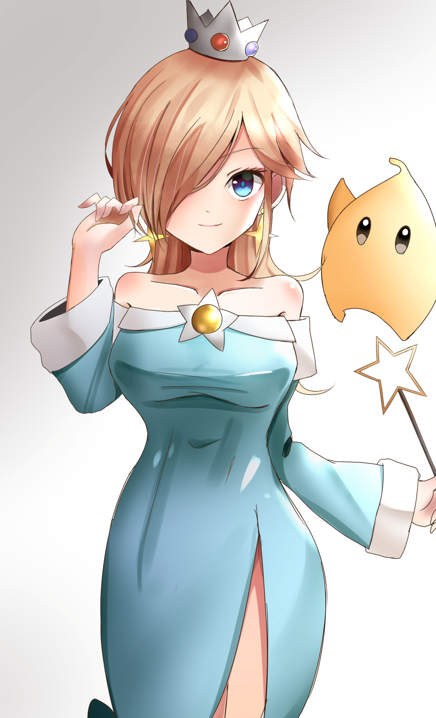 1girl absurdres bangs bare_shoulders blonde_hair blue_dress blue_eyes breasts brooch collarbone crown dress earrings eyebrows_visible_through_hair hair_over_one_eye highres holding indo_(mdtanaka2007) jewelry large_breasts long_hair looking_at_viewer luma_(mario) super_mario_bros. off_shoulder rosalina simple_background smile wand