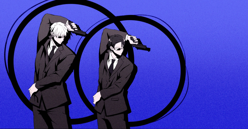 2boys arm_up bangs black_hair black_jacket black_neckwear black_pants black_suit blue_background collared_shirt cowboy_shot dmsco1803 dress_shirt formal free! gojou_satoru gun handgun highres holding holding_gun holding_weapon jacket jujutsu_kaisen long_sleeves male_focus multiple_boys necktie okkotsu_yuuta pants pistol shirt short_hair standing sunglasses weapon white_hair white_shirt