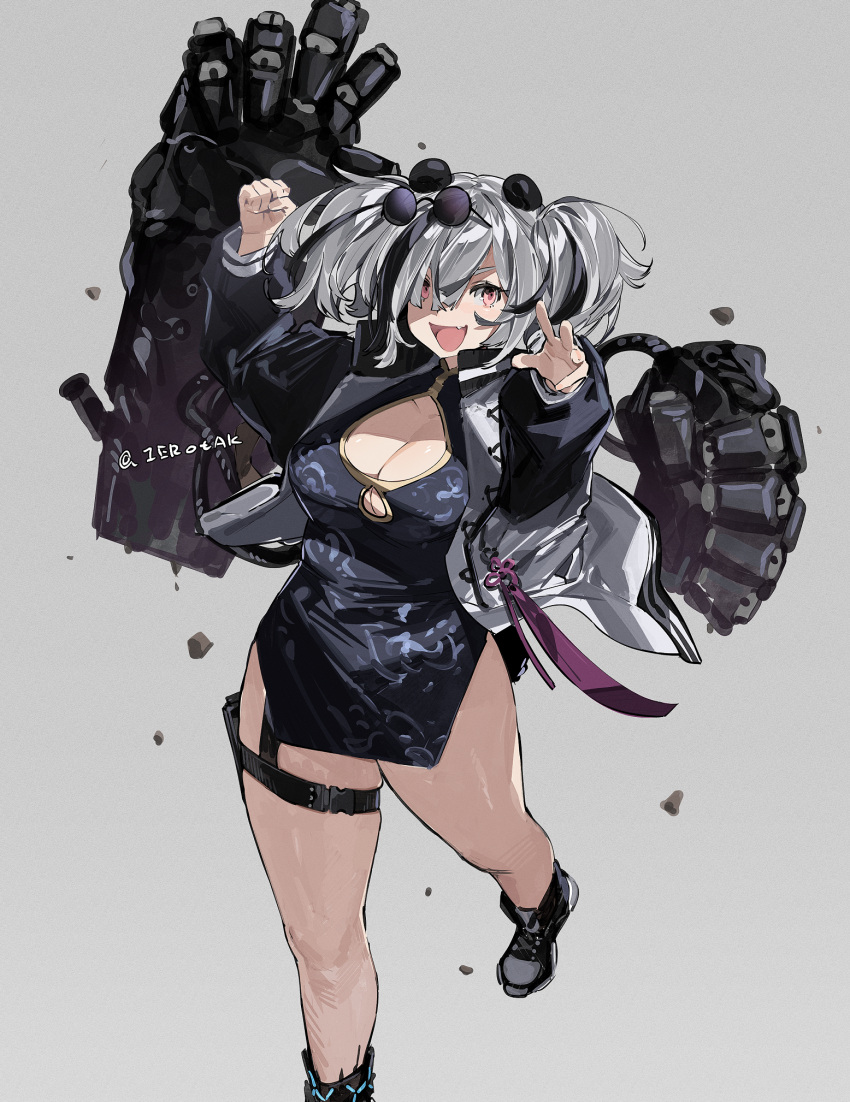 1girl animal_ears arknights black_footwear black_hair black_jacket blue_dress breasts china_dress chinese_clothes cleavage_cutout clenched_hand clothing_cutout commentary dress eyewear_on_head fang feater_(arknights) flower_knot full_body grey_background hair_between_eyes highres ierotak infection_monitor_(arknights) jacket large_breasts letterman_jacket looking_at_viewer mechanical_arms medium_hair multicolored_hair open_clothes open_jacket open_mouth panda_ears pink_eyes round_eyewear shoes short_dress silver_hair simple_background smile solo streaked_hair thick_thighs thighs tinted_eyewear twintails twitter_username two-tone_hair two-tone_jacket white_jacket
