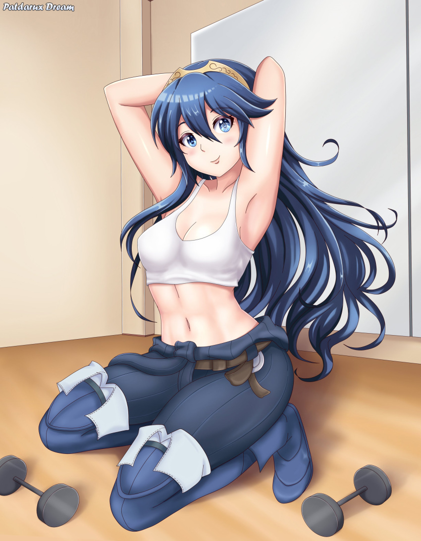 1girl absurdres blue_eyes blue_hair blush breasts falchion_(fire_emblem) fingerless_gloves fire_emblem fire_emblem_awakening fire_emblem_heroes gloves hair_between_eyes highres long_hair looking_at_viewer lucina_(fire_emblem) navel patdarux shirt simple_background smile solo sword tiara undressing weapon