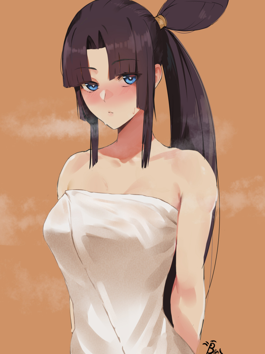 1girl absurdres arms_behind_back bangs blinkblink_art blush breasts breasts_apart brown_hair closed_mouth collarbone eyebrows eyebrows_visible_through_hair eyelashes eyelashes_visible_through_hair fate/grand_order fate_(series) female_only highres long_hair looking_at_viewer medium_breasts naked_towel no_bra nose_blush nude orange_background parted_bangs ponytail sidelocks signature simple_background solo steaming_body sweat towel ushiwakamaru_(fate) very_long_hair white_towel