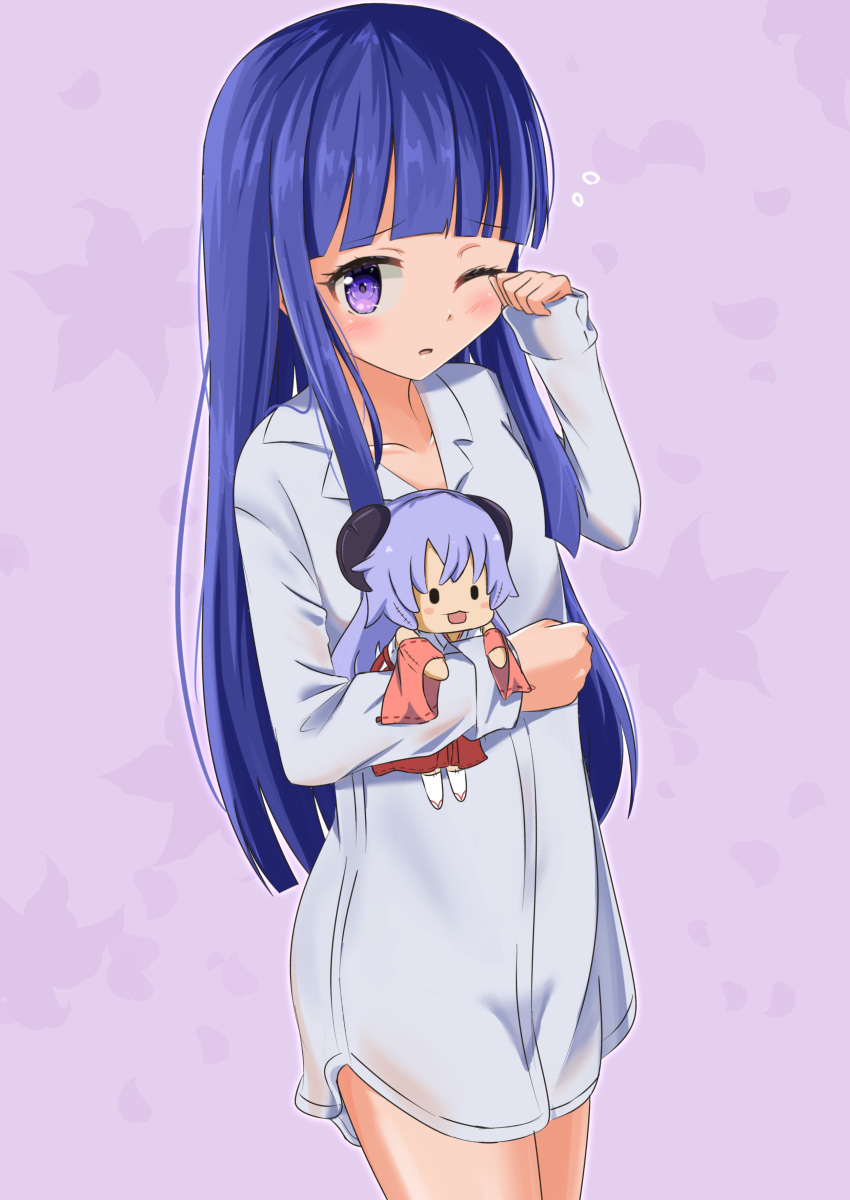 1girl absurdres blue_hair blush character_doll detached_sleeves dress_shirt furude_rika hakama_skirt hanyuu highres higurashi_no_naku_koro_ni horns japanese_clothes long_hair miko morinooyazi no_pants object_hug one_eye_closed open_mouth pink_background purple_hair rubbing_eyes shirt simple_background sleepy solo violet_eyes white_shirt