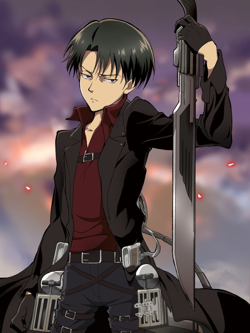 1boy absurdres belt black_coat black_gloves black_hair black_pants blurry blurry_background closed_mouth coat commentary cowboy_shot eren_yeager furrowed_eyebrows gloves green_eyes hair_strand highres holding holding_sword holding_weapon looking_at_viewer male_focus micaoz official_style open_clothes open_coat pants red_shirt sanpaku shingeki_no_kyojin shirt solo standing sword thigh_strap three-dimensional_maneuver_gear trench_coat weapon