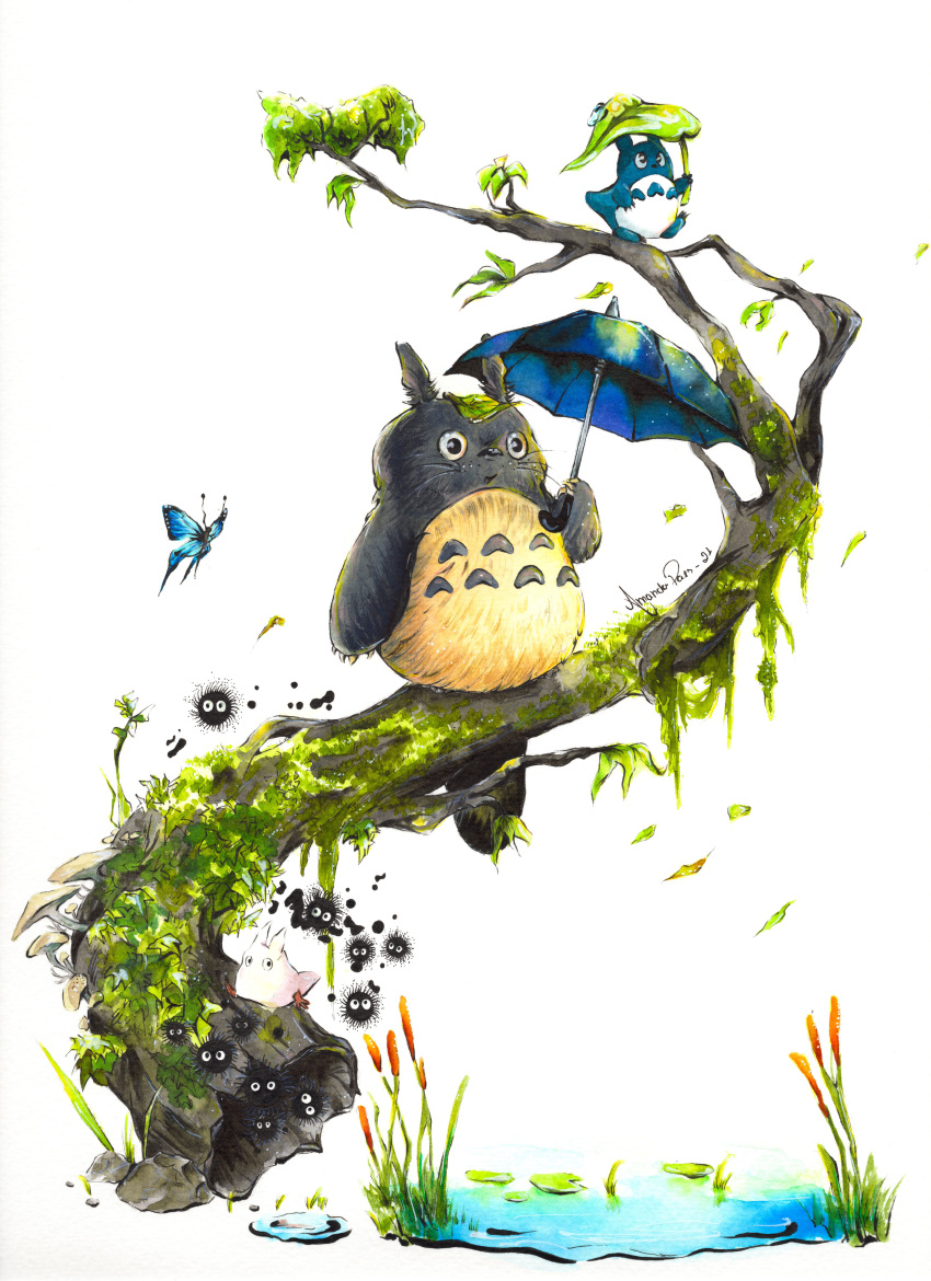 absurdres amandapaesx bug butterfly commentary english_commentary grass highres insect leaf lily_pad moss reeds simple_background studio_ghibli susuwatari tagme tonari_no_totoro totoro traditional_media umbrella water watercolor_(medium) white_background