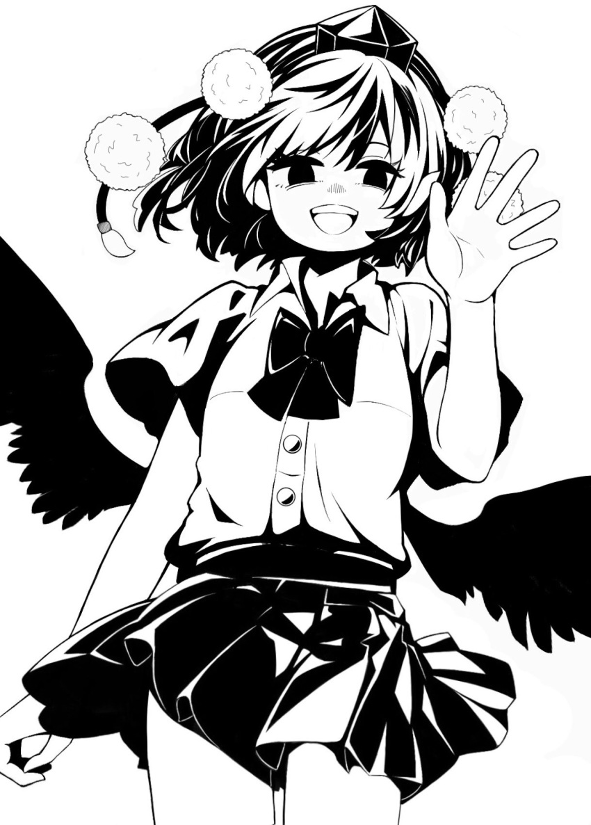 1341398tkrtr 1girl :d bangs bird_wings bow bowtie collared_shirt cowboy_shot hat highres looking_at_viewer monochrome open_mouth pom_pom_(clothes) shameimaru_aya shirt short_hair short_sleeves simple_background skirt smile solo standing tokin_hat touhou wings