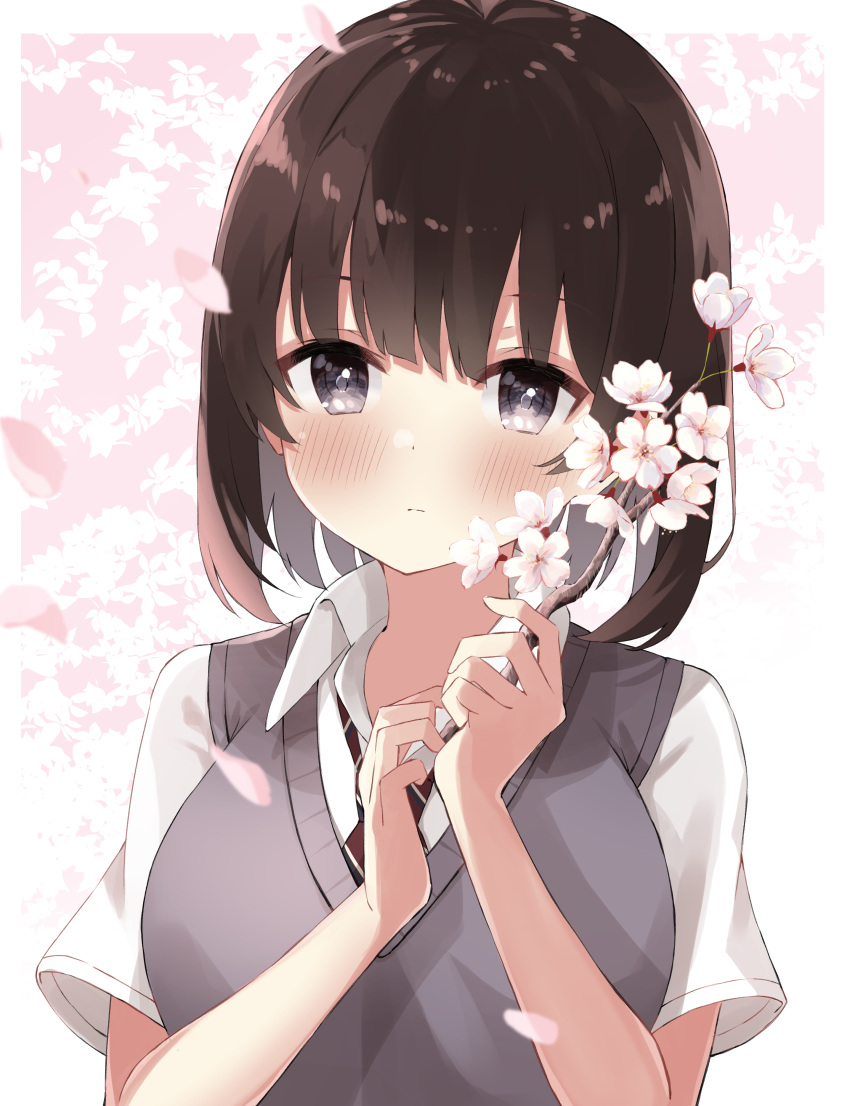 1girl absurdres akagikou bangs black_hair blush branch breasts cherry_blossoms collared_shirt commentary_request flower grey_eyes grey_sweater_vest highres holding holding_branch looking_at_viewer medium_breasts medium_hair necktie original petals pink_flower red_neckwear shirt short_sleeves solo striped striped_neckwear sweater_vest white_shirt