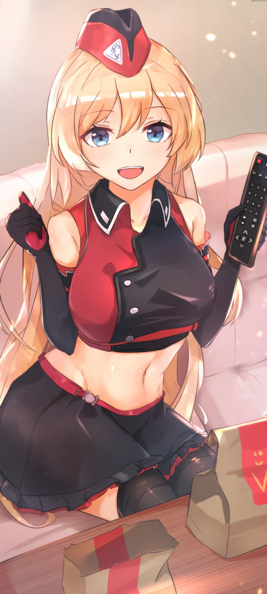 1girl absurdres blonde_hair blue_eyes breasts collarbone commission couch crop_top elbow_gloves f2000_(girls_frontline) girls_frontline gloves highres large_breasts long_hair muteppona_hito navel open_mouth shirt sitting skeb_commission skirt sleeveless sleeveless_shirt smile solo very_long_hair