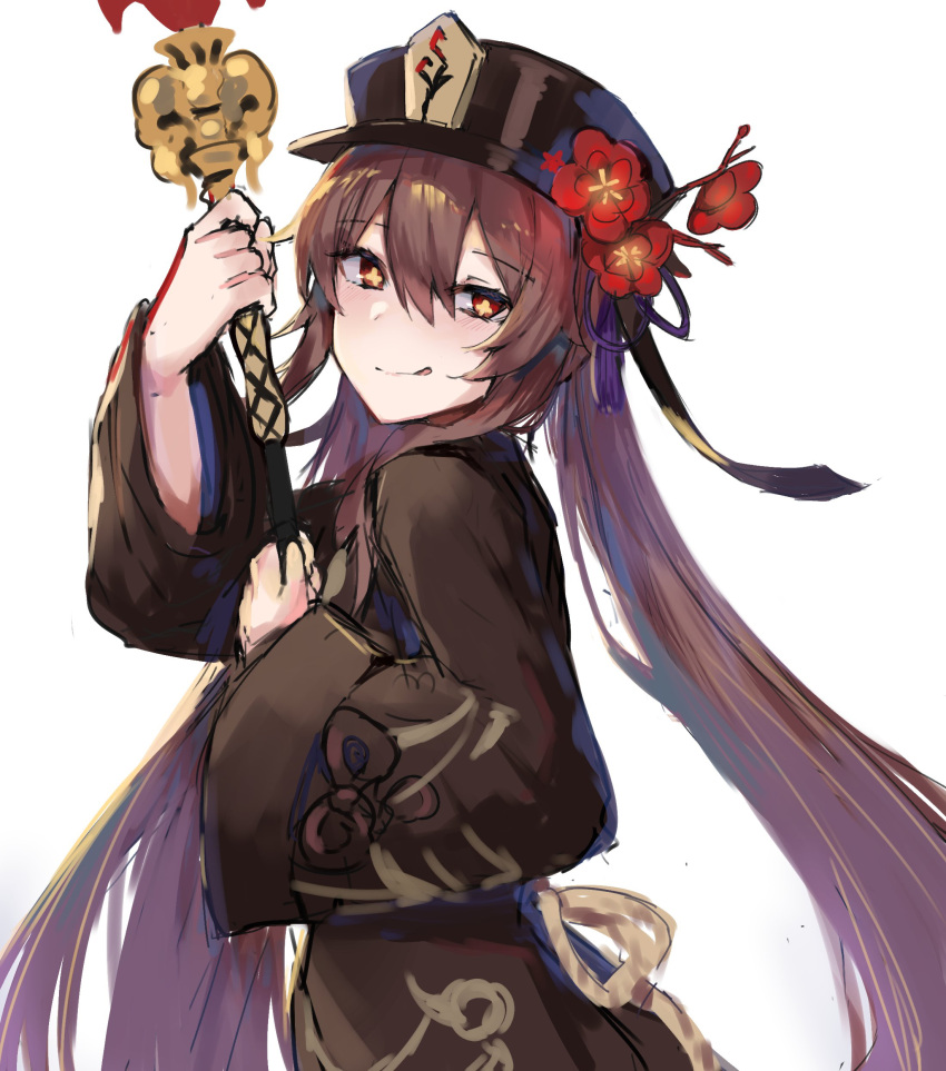 1girl absurdres bangs black_coat black_headwear blush breasts brown_hair coat flower genshin_impact hat hat_flower highres hitomin_(ksws7544) hu_tao licking_lips long_hair long_sleeves looking_at_viewer plum_blossoms polearm red_eyes small_breasts smile spear symbol-shaped_pupils tongue tongue_out twintails very_long_hair weapon
