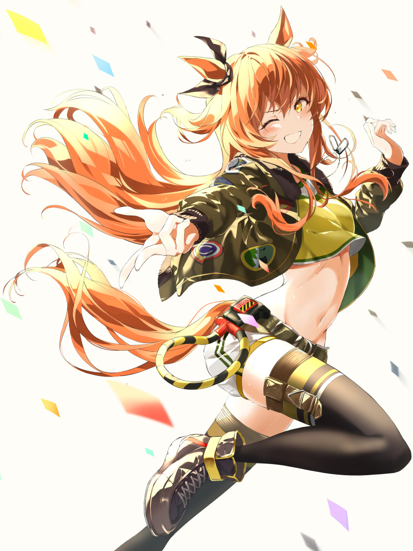 1girl absurdres animal_ears bangs black_footwear black_legwear black_ribbon blush breasts commentary confetti cowboy_shot crop_top daisu dog_tags ear_ribbon eyebrows_visible_through_hair floating_hair green_belt green_jacket grin groin hair_between_eyes hand_up highres horse_ears horse_girl horse_tail jacket long_hair long_sleeves looking_at_viewer mayano_top_gun_(umamusume) midriff navel one_eye_closed open_clothes open_jacket orange_eyes orange_hair pointing ribbon shirt shoes shorts sidelocks simple_background small_breasts smile sneakers solo standing standing_on_one_leg sweat tail teeth thigh-highs twintails two_side_up umamusume very_long_hair white_background white_shorts yellow_shirt