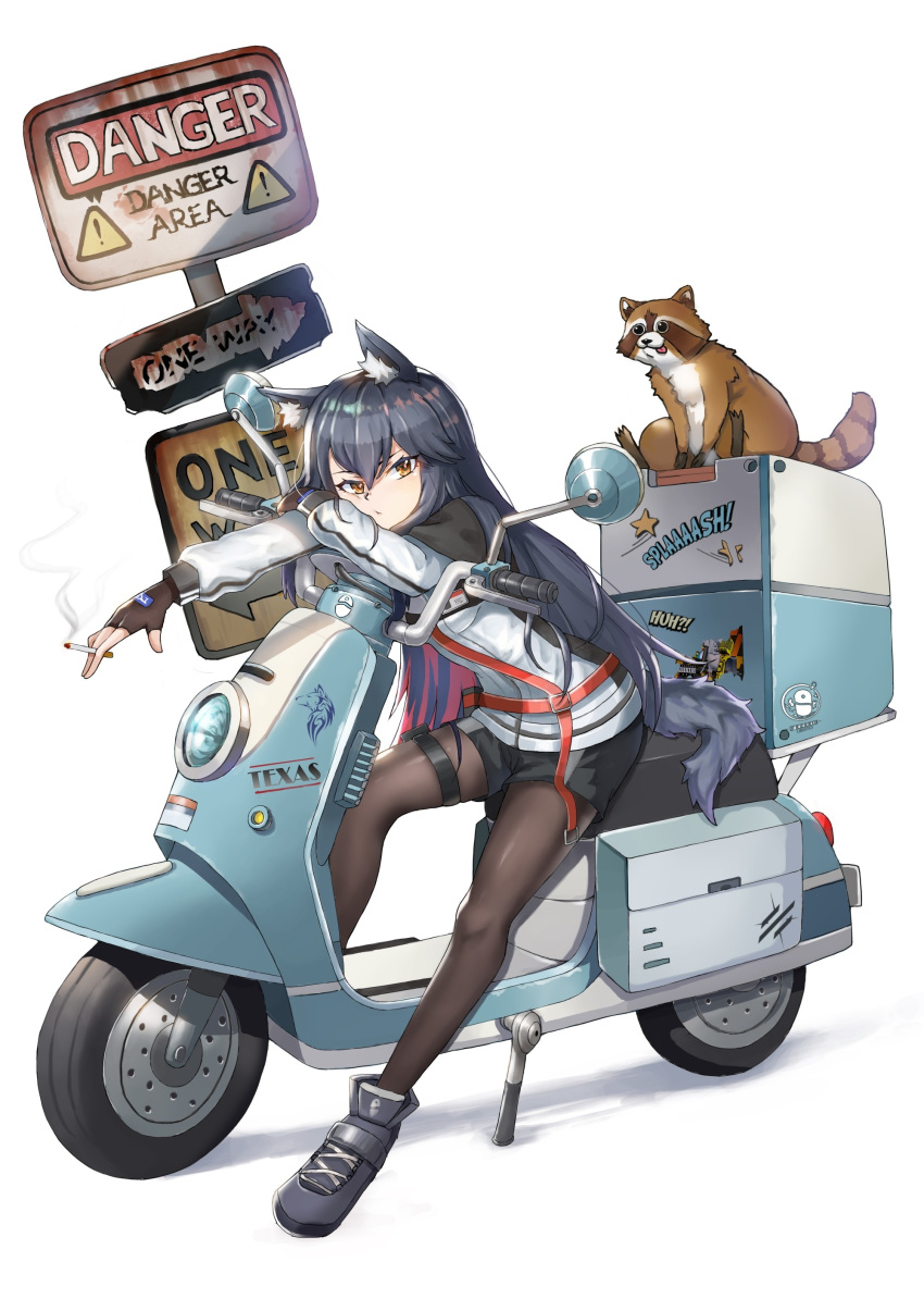 1girl :p absurdres animal_ears arknights black_legwear character_name cigarette expressionless fingerless_gloves full_body gloves ground_vehicle highres jacket long_hair motor_vehicle one_way_sign orange_eyes pantyhose penguin_logistics_logo road_sign scooter short_shorts shorts sign tail tanuki texas_(arknights) tongue tongue_out wolf_ears wolf_tail woodpecker_(alsdndlekd)