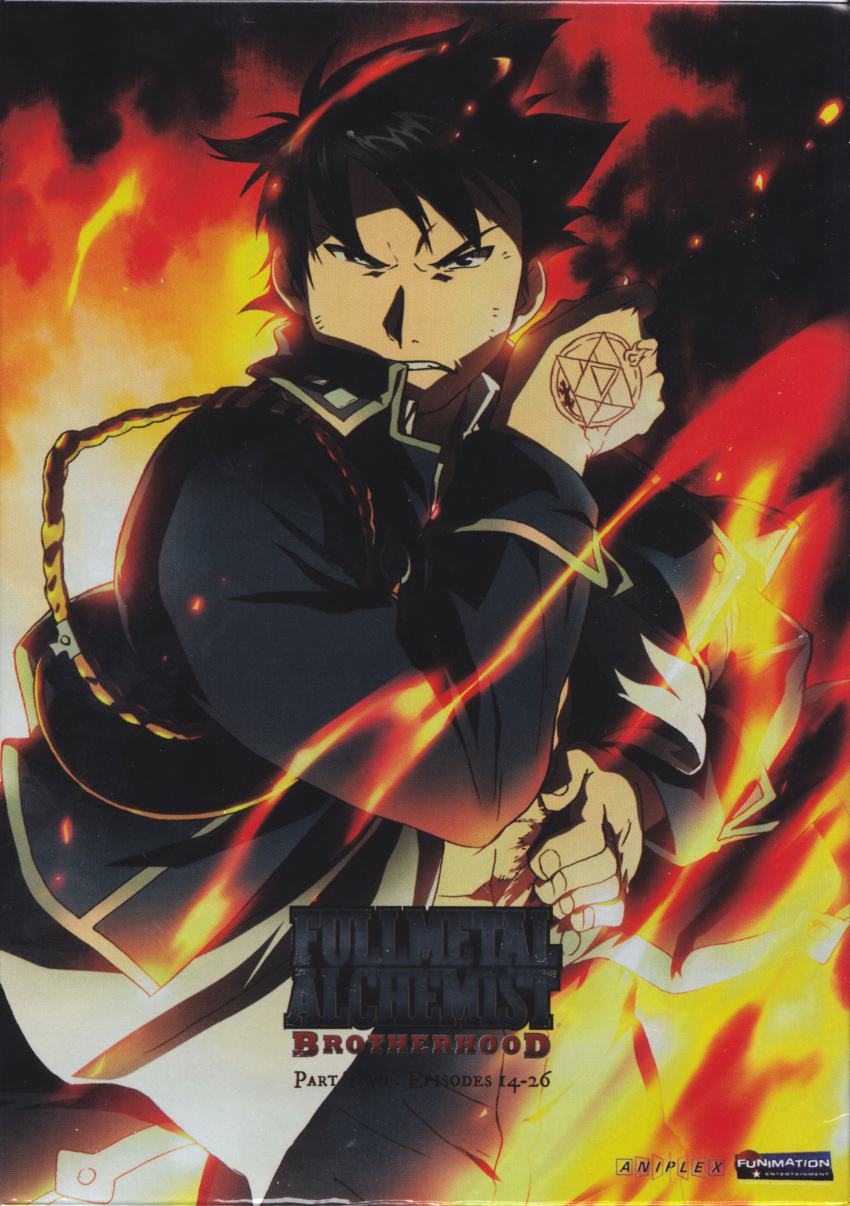 1boy abs absurdres aiguillette amestris_military_uniform angry aniplex black_eyes black_hair blue_jacket blue_pants clenched_teeth clothes_lift copyright_name dark_background darkness dirty dirty_clothes fighting_stance fingernails fire flame frown fullmetal_alchemist funimation gloves half-closed_eyes hand_on_own_stomach hand_up highres injury jacket male_focus messy_hair military military_uniform official_art open_clothes open_jacket pants roy_mustang scar scar_on_stomach scratches shiny shiny_hair single_glove snapping_fingers sparks stomach teeth tsurime uniform upper_body white_gloves