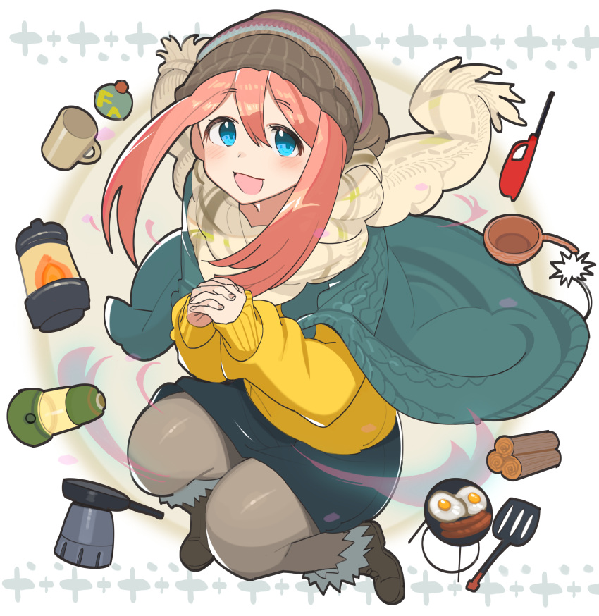 1girl :d absurdres bangs beanie blue_eyes blue_skirt blush boots brown_footwear brown_headwear brown_legwear brown_scarf commentary_request cup eyebrows_visible_through_hair firewood food fried_egg fringe_trim frying_pan full_body fur-trimmed_boots fur_trim hair_between_eyes hands_clasped hat highres interlocked_fingers kagamihara_nadeshiko kasa_list lantern lighter long_sleeves looking_at_viewer mug open_mouth own_hands_together pantyhose pink_hair puffy_long_sleeves puffy_sleeves sausage scarf sidelocks skirt sleeves_past_wrists smile solo spatula sweater white_background yellow_sweater yurucamp