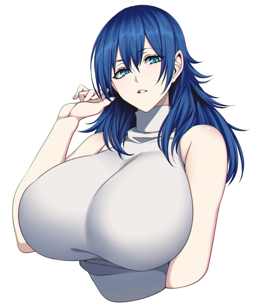 1girl bare_shoulders blue_eyes blue_hair breasts camui_kamui collarbone commentary_request eyebrows eyebrows_visible_through_hair eyelashes eyes_visible_through_hair female highres huge_breasts large_breasts long_hair looking_at_viewer original simple_background sleeveless_sweater solo sweater teeth upper_body white_background white_sweater