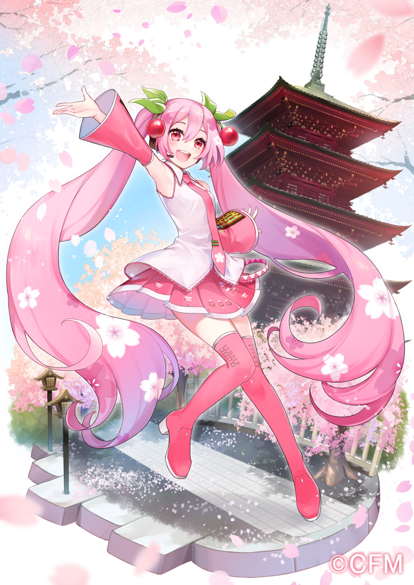 1girl absurdres architecture armpits bare_shoulders belt boots cherry_blossom_print cherry_blossoms cherry_hair_ornament commentary crypton_future_media detached_sleeves east_asian_architecture falling_petals floral_print food_themed_hair_ornament hair_ornament hatsune_miku headphones headset highres lantern long_hair looking_at_viewer mamo_(fortune-mm) miniskirt necktie official_art open_mouth outstretched_arm pagoda petals pink_eyes pink_hair pink_legwear pink_neckwear pink_skirt pleated_skirt road sakura_miku shirt skirt sleeveless sleeveless_shirt smile solo thigh-highs thigh_boots tree twintails very_long_hair vocaloid white_shirt
