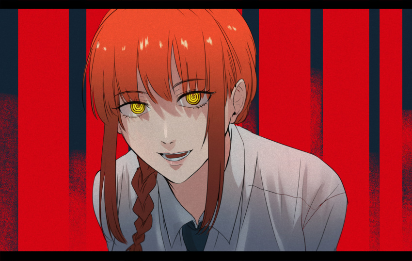 1girl black_neckwear braid braided_ponytail chainsaw_man collared_shirt commentary dress_shirt eyebrows_visible_through_hair eyelashes highres kikaia letterboxed lips looking_at_viewer makima_(chainsaw_man) medium_hair necktie open_mouth portrait red_background redhead ringed_eyes shirt sidelocks simple_background smile solo teeth white_shirt yellow_eyes